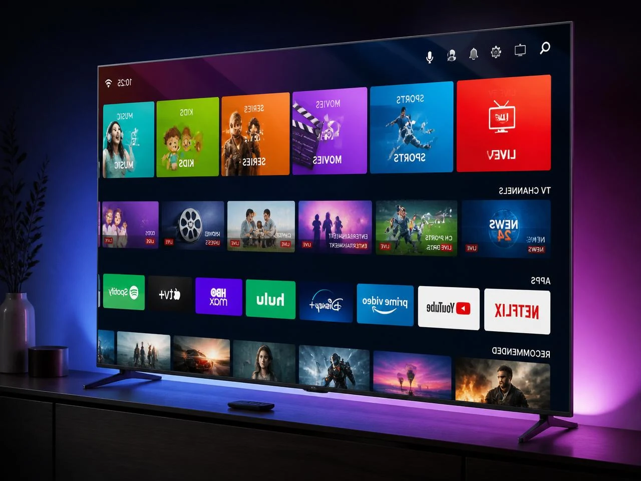 Assista a mais de 120.000 canais e streamings na sua Smart TV com +TVDIRECT Smart TV com IPTV +TVDIRECT exibindo canais ao vivo, esportes, filmes, séries e apps de streaming como Netflix, Disney+, HBO Max, Prime Video e YouTube